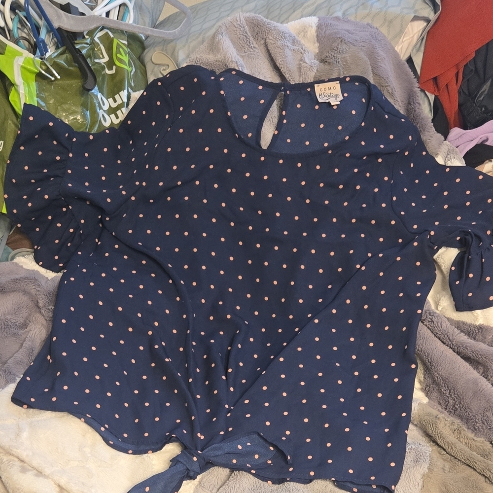Como Vintage Navy Blue Women Blouse with Pink Dots